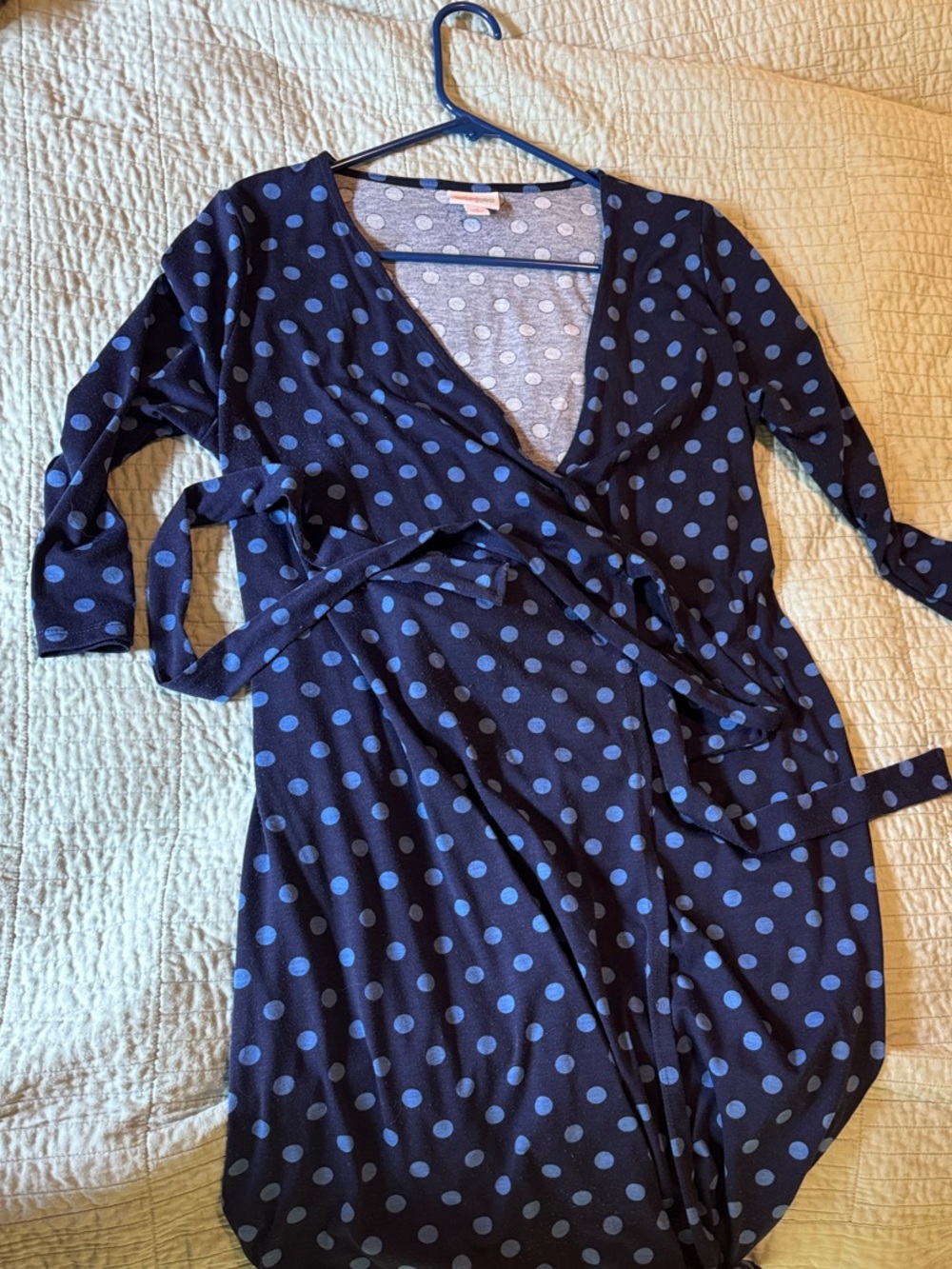 LuLaRoe Navy Wrap Dress with Light Blue Polka Dots